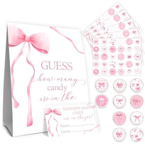 Pink Bow Baby Shower Decorations,Pink Bow Guess How Many Baby Shower,Decoration For Baby Shower with 30PCS Cards Birthday Party,Sticker,Party Favor and Decoration