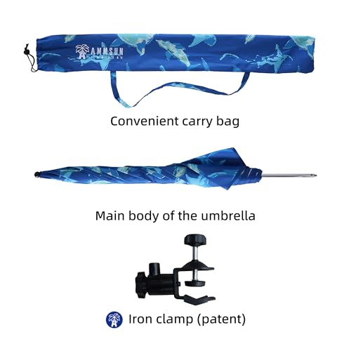 Image of AMMSUN XL Chair Umbrella with Universal Clamp Adjustable 52 inches and 360-degree Swivel UPF 50+, Portable Clamp on Camping or Beach Chair, Stroller, Wheelchair, Golf cart, Sharks, Large-sized
