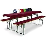 Beautissu 3tlg Bierzeltgarnitur Auflage Set 70cm Comfort XS – Gepolsterte Auflage für Biertisch & Partyzeltgarnitur – Bierbankauflagen Tischdecke & Sitzpolster Waschbare Festzeltgarnitur Dunkelrot