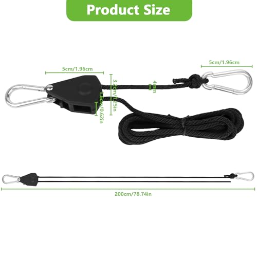 VMUTGA 4 Stück Ratchet Hanger, Einstellbare Seil Seilhaken Ratsche Seilratsche 2M, Duty Heavy Rope Seilratsche mit Haken, Tragkraft 68kg, für Pflanzen, Ventilator, Licht, Zimmerpflanzen(Schwarz)