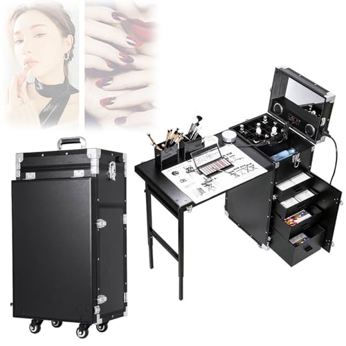 Mesa De Manicura Con Ruedas, Caja De Almacenamiento De Cosméticos Portátil Profesional Con 6 Luces, Carrito De 4 Cajones Con Parlantes, Estación De Trabajo De Escritorio De Uñas Con Marco De Aleación