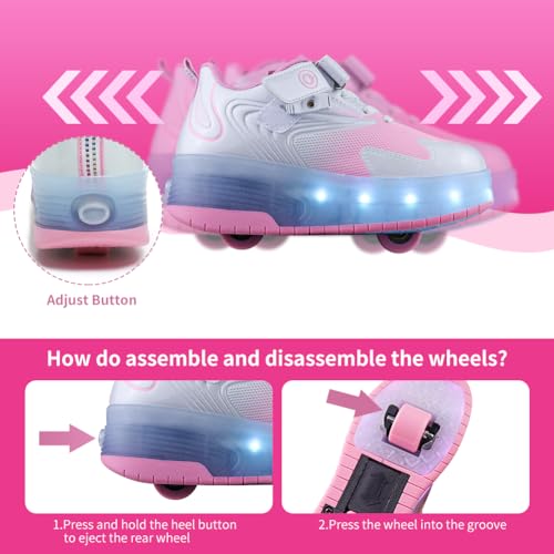 2-Pair Pink Roller Shoes Bundle for Girls- LED Flashing Light Up Sneakers with Retractable Wheels Rechargeable Skate Shoes Gift Size 6 Big Kid4