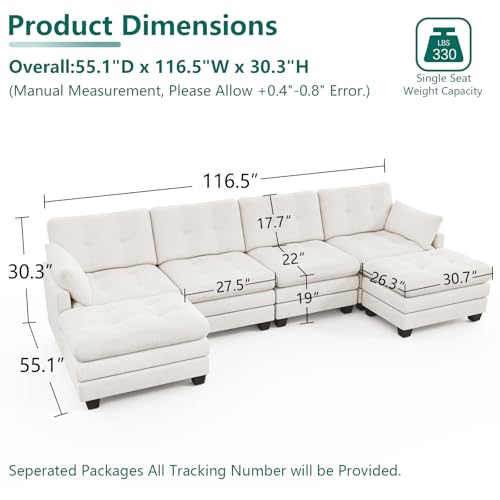 Image of Modular Sectional U Shaped Sofas Couches for Living Room, Tufted Cloud Couch with 2 Movable Ottomans, Comfy Chenille Deep Seat Sofa with Soft Pillows for Bedroom and Apartment, Beige