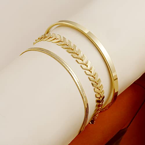 Mideeo 14K Gold Plated Herringbone Chain Bracelet Dainty Layered Chevron Bangle Open Cuff Bracelets Set For Women Simple Charm Hand Jewelry #TOP5