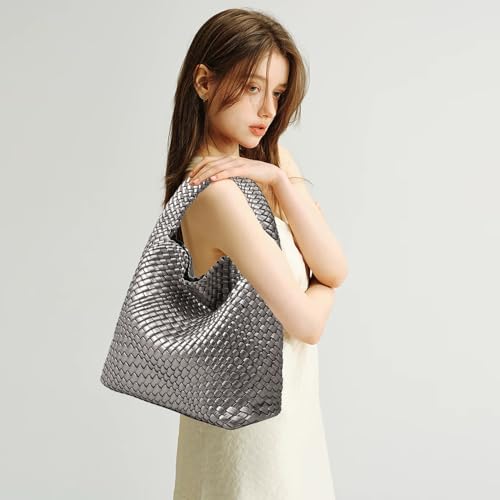 Image of JINMANXUE Woven Tote Bag for Women, Fashion Hobo Handbag, Travel Top-handle Shoulder Bag, Beach Underarm Bag with Purse