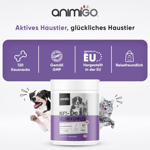 Hüft- & Gelenk Komplex - 120 Kausnacks - Soft Chews mit MSM, Kurkuma, Glucosamin, Hyaluronsäure & Chondroitin - Hundeleckerli & Katzen Leckerli - Alternative zu Gelenktabletten Hund - animigo