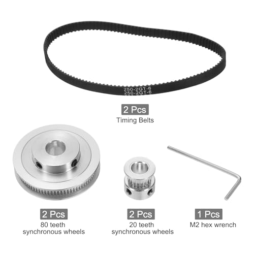 QUARKZMAN 2 Set GT-2 Synchronrad 20&80 Zähne 8&12mm Bohrung Aluminiumlegierung Zahnriemenscheibe mit 2 Stück Länge 250mm Breite 6mm Riemen für 3D-Drucker CNC-Maschine (20-80T-8&12B-6)