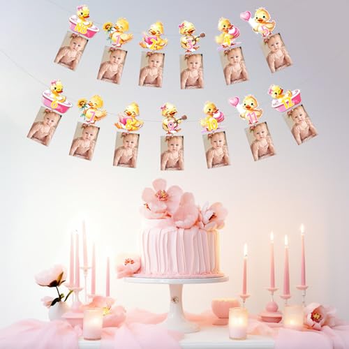 One Lucky Duck Photo Banner Pink Duck 1st Birthday Banner Cute Farm Animal Newborn to 12 Months Monthly Photo Banner for Girls First Birthday Party Supplies