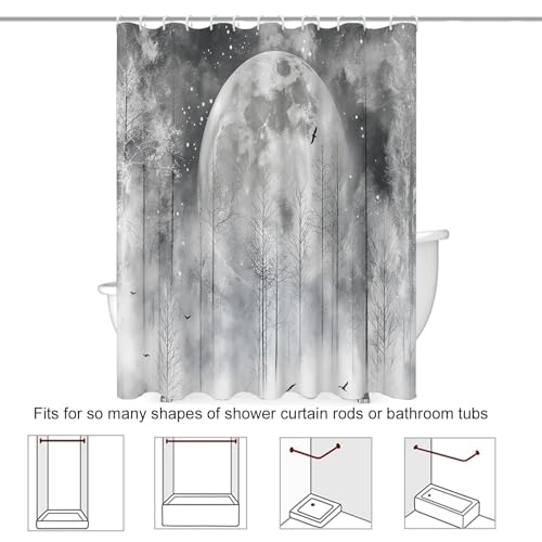 Rideau de douche 180x180 cm lune forêt gris dégradé en polyester imperméable - 8
