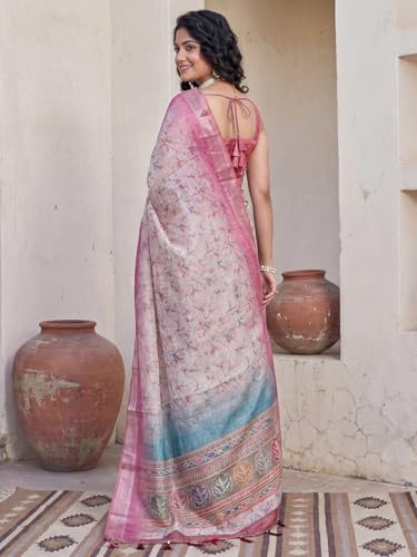 Image of AKHILAM Women's Grey Kanjivaram Soft Cotton Linen Silk Saree With Blouse Piece