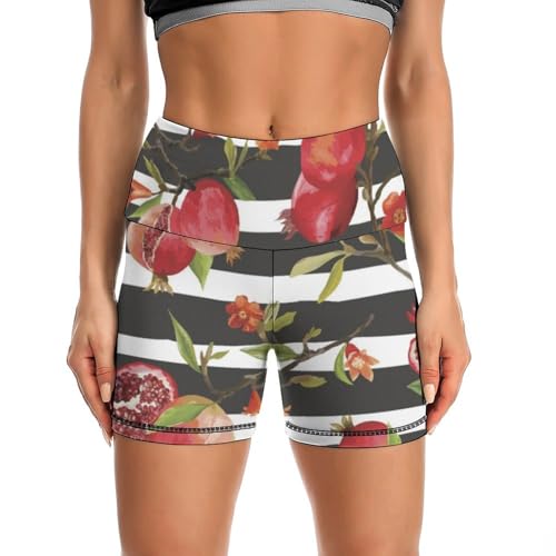 Fruit of Red Pomegranate Pattern High Waist Yoga Shorts for Women Athletic Shorts Leggings Running Pants