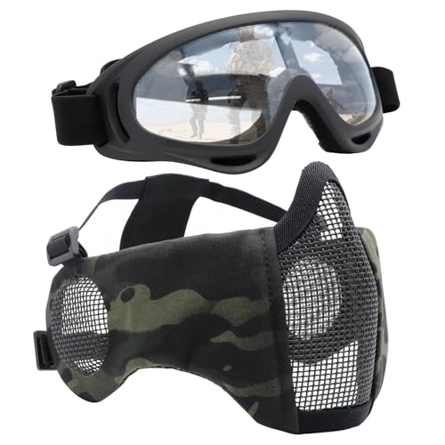 Yzpacc Airsoft Mask with Goggles, Foldable Half Face Airsoft Mesh Mask with Ear Protection for Paintball Shooting Cosplay CS Game