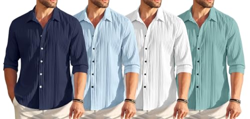 Image of FINIVO FASHION Combo of Men's Casual Cotton Plain Button Down Shirt Long Sleeve Textured Summer Beach Shirt for Men Pack of 4