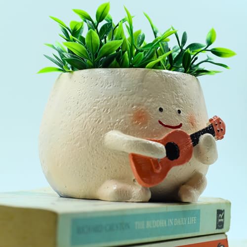 Image of Cute Guitar Planter Pot | Smiling Planters for Home Decor | Polyresin Plant Pot for Living Room Table Home Kitchen Decoration