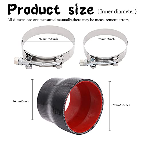 Timothy 3Inch To 3-1/2Inch Inch Black Silicone Reducer Coupler 4 Layers Of Polyester Reinforcement Compatible With Air Intake Intercooler Piping And Turbo Applications 2X T-Bolt Clamps(92Mm,100Mm) #TOP1