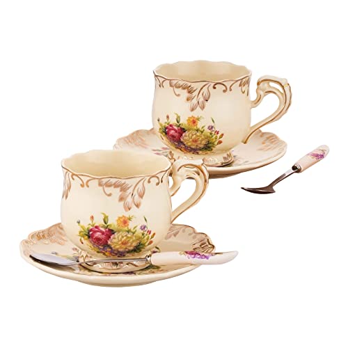 European Porcelain Tea Cups and Saucers Set, Vintage Floral Tea C...