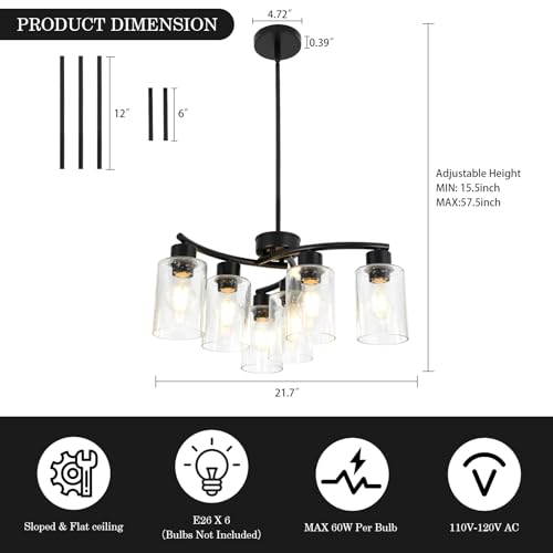 KUSSCO 6-Light Modern Chandelier Black Chandeliers for Dining Room Seeded Glass Pendant Lights for Kitchen Island Living Room Foyer Bedroom E26 Base by KUSSCO - Image 6