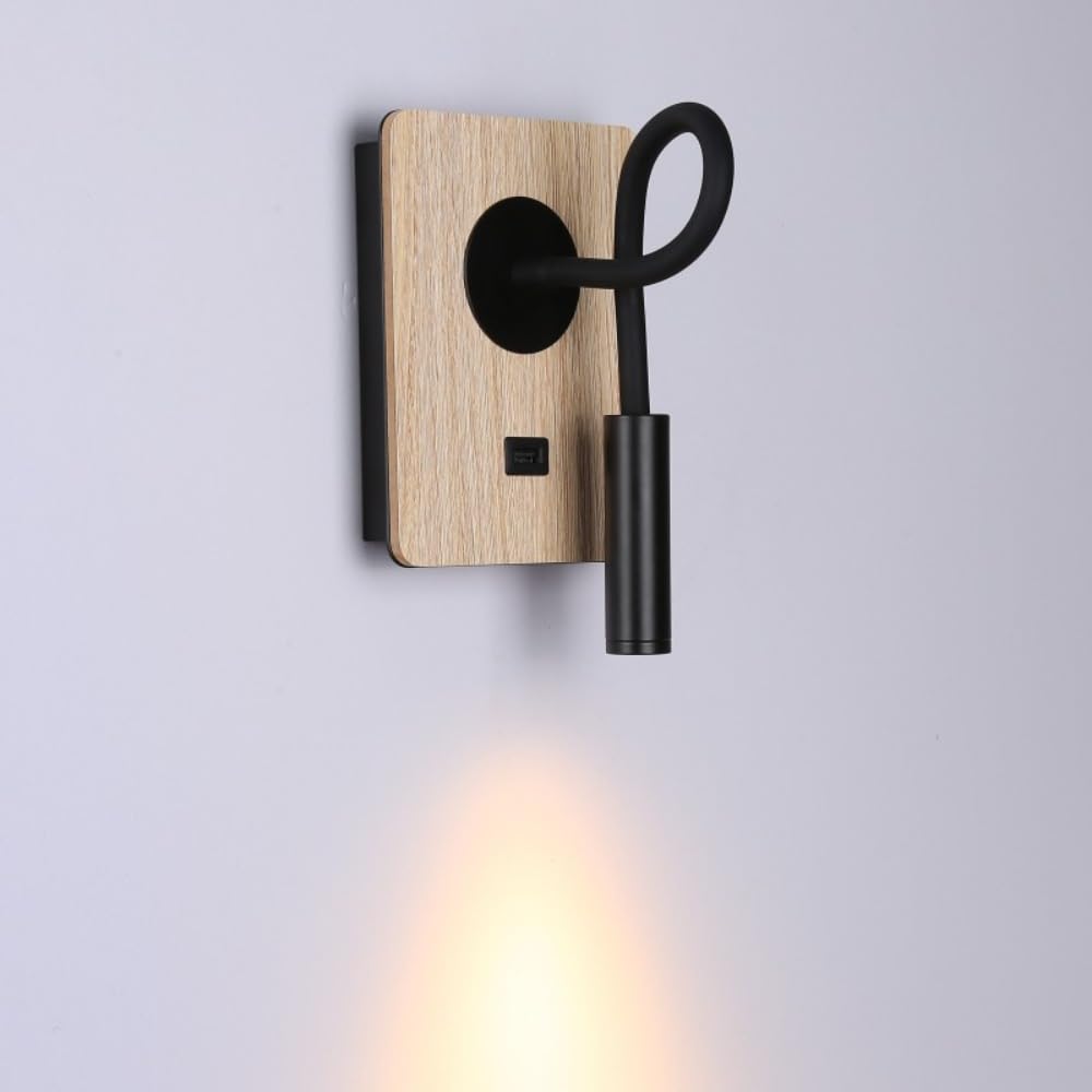 B·LED BARCELONA LED Wandleuchte aus Holz mit Schalter und Strahler, schwarz, flexibel, warmweißes Licht, USB-Ladeanschluss zum Lesen, Bett, Nachttisch, Hotel