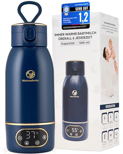 MAINAABABY Tragbarer Flaschenwärmer für Babyflaschen – Baby Bottle Warmer mit Akku für unterwegs – präzise Temperaturregelung zum Babymilch Erwärmen – kompakter für Reise, Auto & Alltag (Blau)