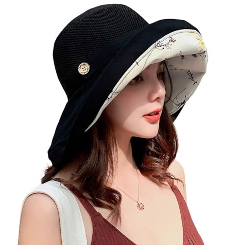 Sombreros de sol de malla para mujer, protección UV, cubo de ala ancha, sombrero de verano de playa, protección solar, sombrero de pescador con correa para la barbilla, Negro , Talla única