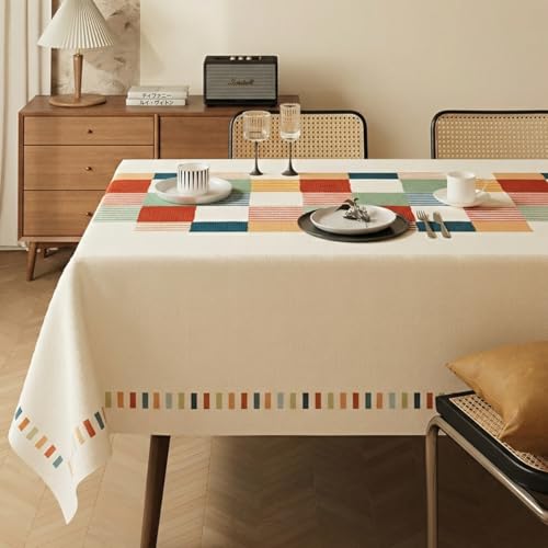 Kabisori テーブルクロス 布製 類麻 リネン調 厚手 高級 おしゃれ ボヘミアン 撥水 防汚 防油 高耐久 耐熱 お手入れ簡単 洗える ずれにくい 長方形 テーブルカバー 幾何学模様