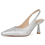 SUIARA Silver Rhinestone Kitten Heels for Women Bride Sparkly Wedding Shoes Glitter Slingback Closed Pointed Toe Heels Dressy Bling Crystal Pumps