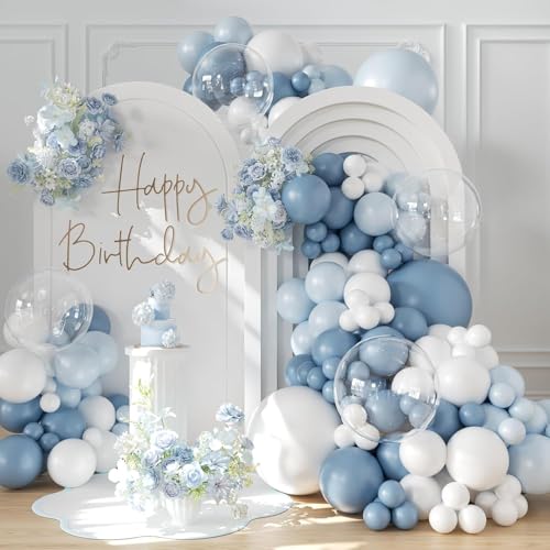 Arche Ballon Anniversaire Bleu Blanc, 113pcs Kit Guirlande Ballon Bleu Blanc avec Ballons Transparent Bleu Macaron, Décoration Anniversaire Garçon Bleu Brouillard pour Mariage Baptême Baby Shower