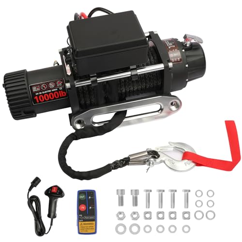 WildGear 10000LB Electric Winch 12V Series Wound Motor Synthetic Rope Wired & Wireless Remote Control Waterproof Trailer Winch for Jeep Off Road SUV Truck Boat