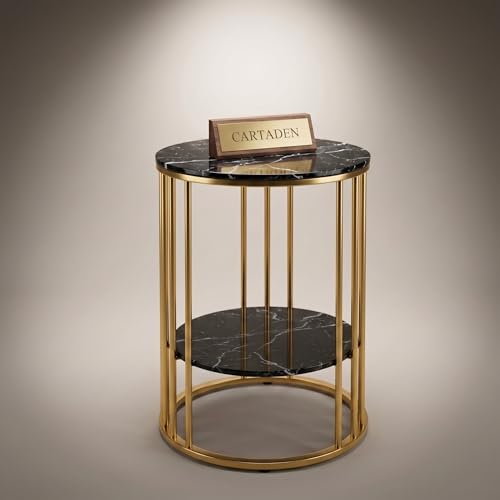 Image of CARTADEN Side Table, Small Round End Table with Lower Shelf, Nightstand for Small Spaces, Bedside Coffee Table for Living Room, Bedroom Gold Black