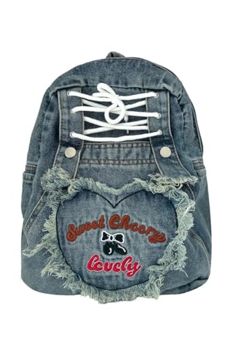 JHTPSLR Medium Denim Backpack Women Y2k Tie Vintage Heart Patchwork Juminocore Backpack Casual Everyday Bag (Blue)