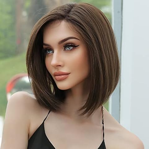 HAIRCUBE Brown Lace Bob Perücken für Frauen, Schulterlang, Natürliche Synthetikperücke mit Fransen für den Täglichen Gebrauch Cover