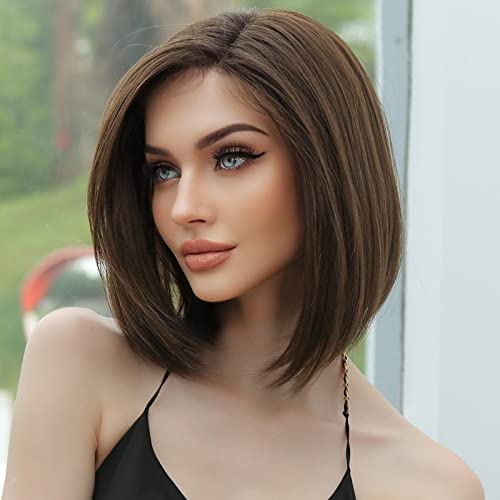 Produktfoto von HAIRCUBE Brown Lace Bob Perücken für Frauen, Schulterlang, Natürliche Synthetikperücke mit Fransen für den&hellip;