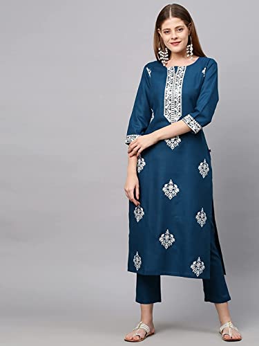 Image of GoSriKi Women's Cotton Blend Straight Embroidered Kurta with Pant & Dupatta