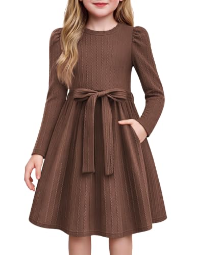 Image of Arshiner Girls Dress Sweater Brown Puff Sleeve Knit Dresses 6-7 Years