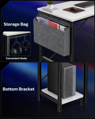 Image of Simple Deluxe L-Shaped Corner Desk with PC Stand, Storage Bag & Hooks - Reversible, Sturdy Steel Frame, Waterproof Top, 4 Colors (White)