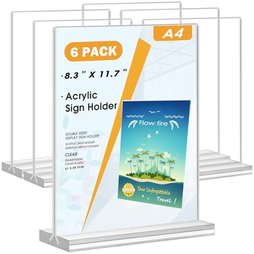 Flow fire A4 Acrylic Sign Holder 6 Pack T-Shaped Table Menu Display Stand