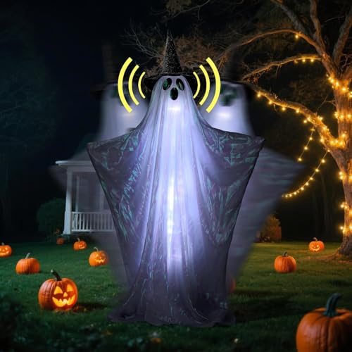 64" Animated Halloween Ghost Outdoor Decoration - Light-Up, Sound-Activated Ghost