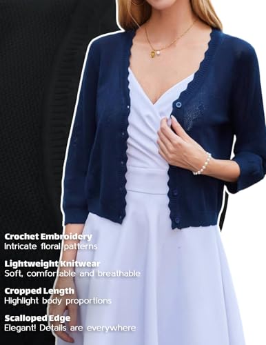 Image of Women Crop Cardigan Sweaters Lightweight 3 /4 Sleeve Button Up Crochet Shrug | Textured Bolero For Dresses Dressy Casual, V Neck, Ladies Eyelet Shawl Thin Trendy
