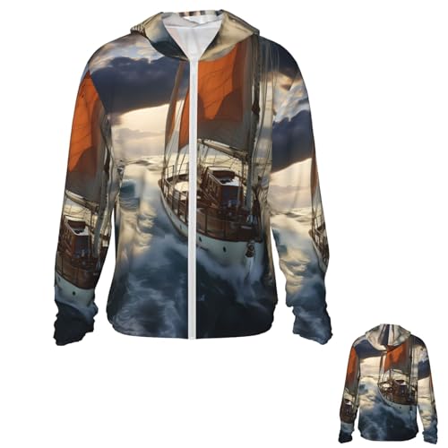 NONHAI Men's Sun Protection Jacket UPF 50+ Full Zipper Long Sleeve UV Hoodie Shirt Ocean Sailboat Women's Outdoor Jacket