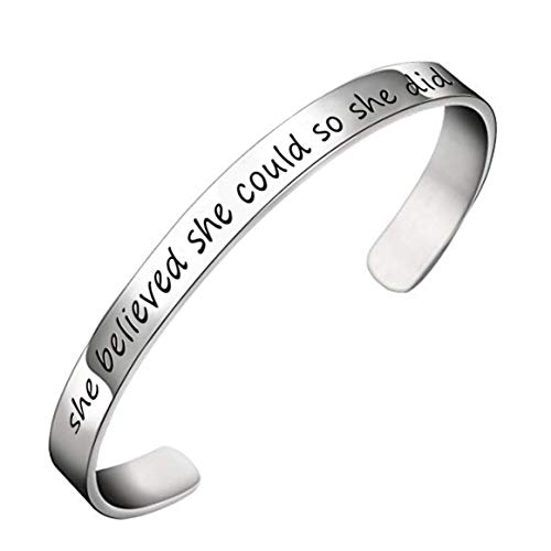 YOYONY Classic She believed she could so she did Inspired Hand Stamped expandable Cuff bracelet,2023 Inspirational Bracelet Graduation Gifts.