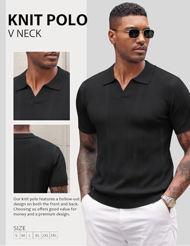 Image of COOFANDY Mens Knit Polo Shirts V Neck Textured Polo Shirts Short Sleeve Breathable Polo Casual Collared T Shirt Fashion Tops