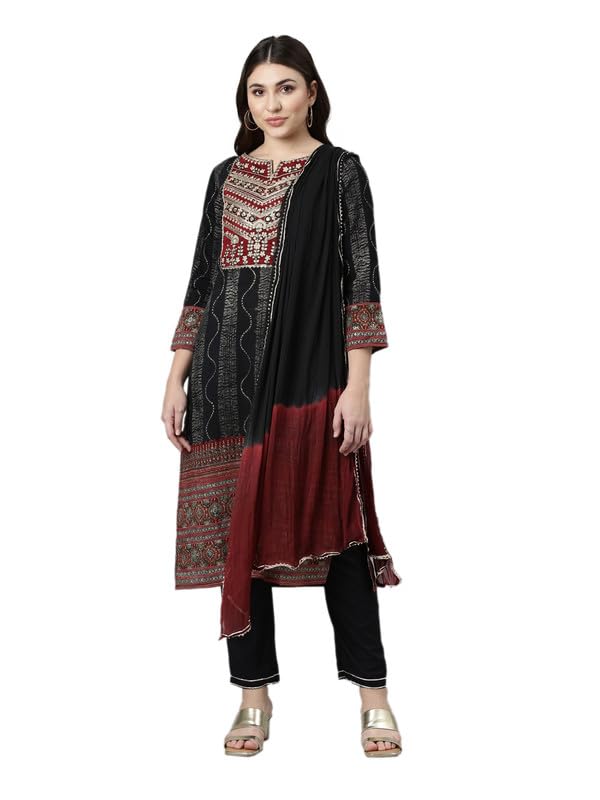 NEERU'S Womens Cotton Black Regular Straight Printed Kurta and Trousers with Dupatta