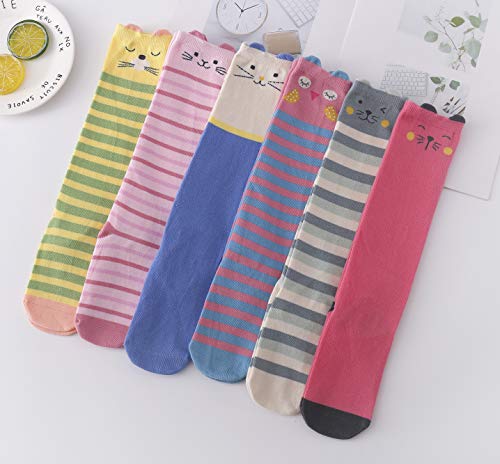 Hzcojulo Girl Kids Toddler Cute Animal Cat Gift soft Cotton Knee High Leg Warm Long Socks -6 Pair Pack3