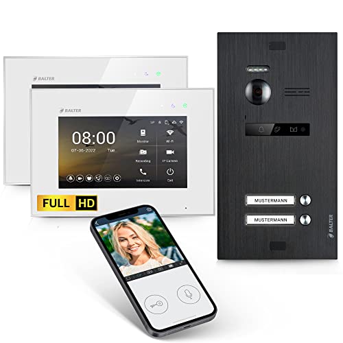 Balter EVO-HD Video Türsprechanlage, Video Türklingel mit Kamera, 2 familienhaus Klingel, Smartphone App, 7 Zoll HD Monitor, Full HD-Kamera, 2 Draht Bus, Gegensprechanlage mit 175° Weitwinkel