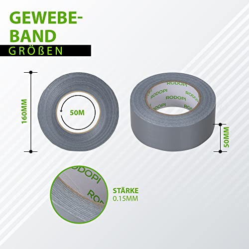 Foto von RODOPI Panzertape FixGrip 50mm x 50m Gewebeband Silber Schwarz Weiß Panzerband extra stark Gewebeklebeband Stärke 0,15mm Gaffa Tape Duct Tape wasserfest (1 Rolle, Silber)