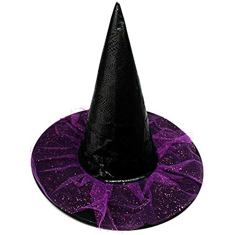 Seasons Stars SSDecor Witch Hat with Purple Tulle and Sequins, Black and Purple Costume Accessory for Kids Women Party Cover