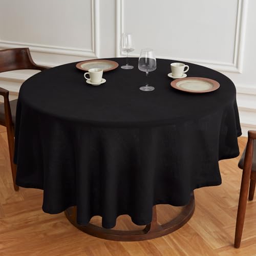 Solino Home 100% Pure Linen Round Tablecloth Black Prewashed, Sonoma 70 in