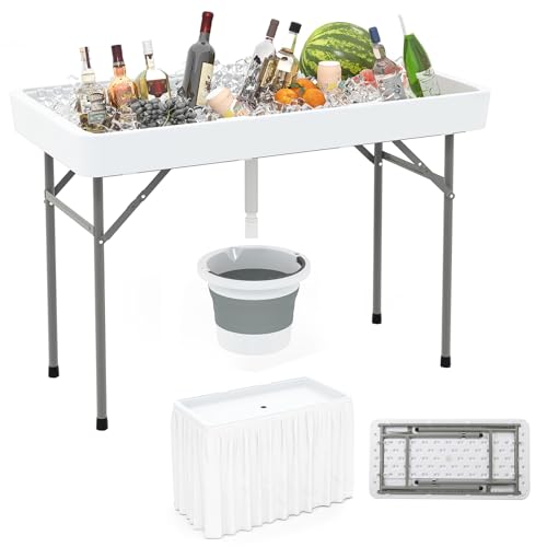 Giantex Folding Ice Cooler Table, 46'' Outdoor Chill Bar Table with Drain, Foldable Bucket & Removable Matching Skirt, for Events, Party, Camping, Buffet Beverage Server, White