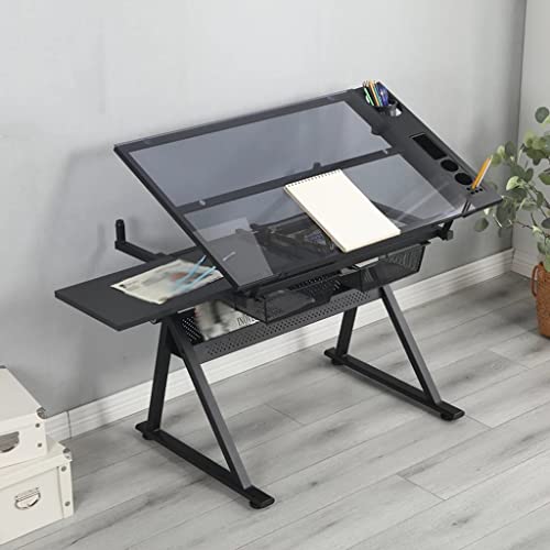 Zsedp Drafting Table Design Black Adjustable Tempered Glass Drafting Printing Table Anti-Slip Anti-Scratch For Study Office #TOP24