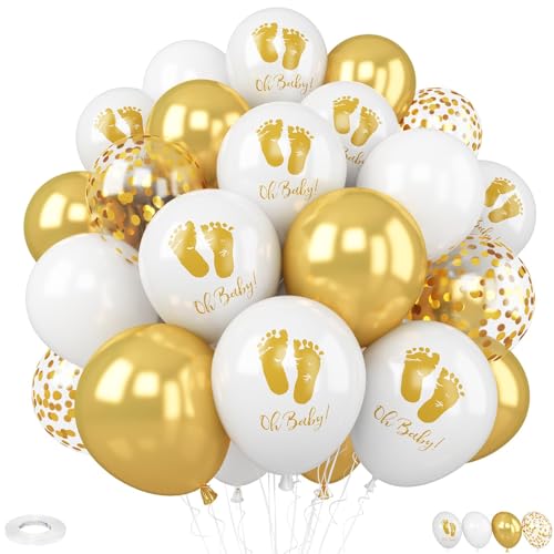 Image of Baby Shower Foot Print Balloons, 30Pcs 12inch Gold White Balloons With Baby Foot Printed Balloon for Neutral Baby Shower Gender Reveal Birthday Wedding Decorations